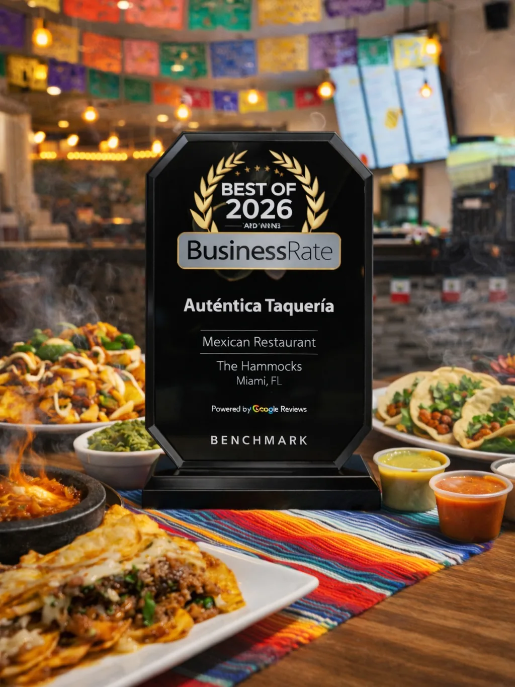 The BusinessRate Best of 2026 award plaque for Autentica Taqueria displayed in the dining room under papel picado banners