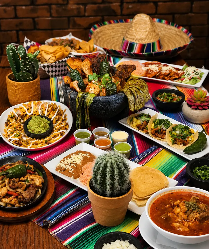 Full table of Mexican catering dishes: tacos, nachos, molcajete, fajitas and pozole, laid out on a serape by Autentica Taqueria
